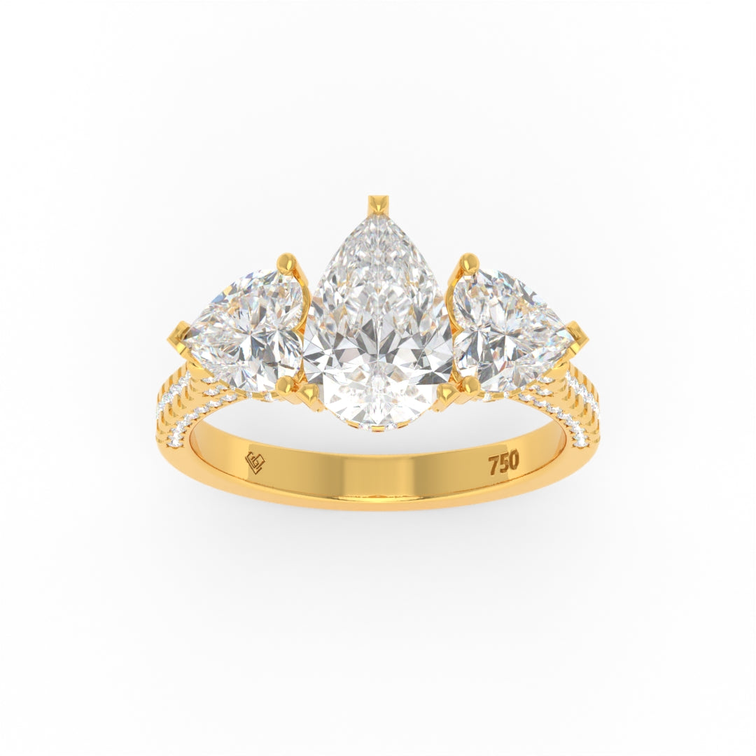 Victoria Pear Cut Diamond engagement ring with heart-cut side diamonds and 3D pave diamond band in 18k gold