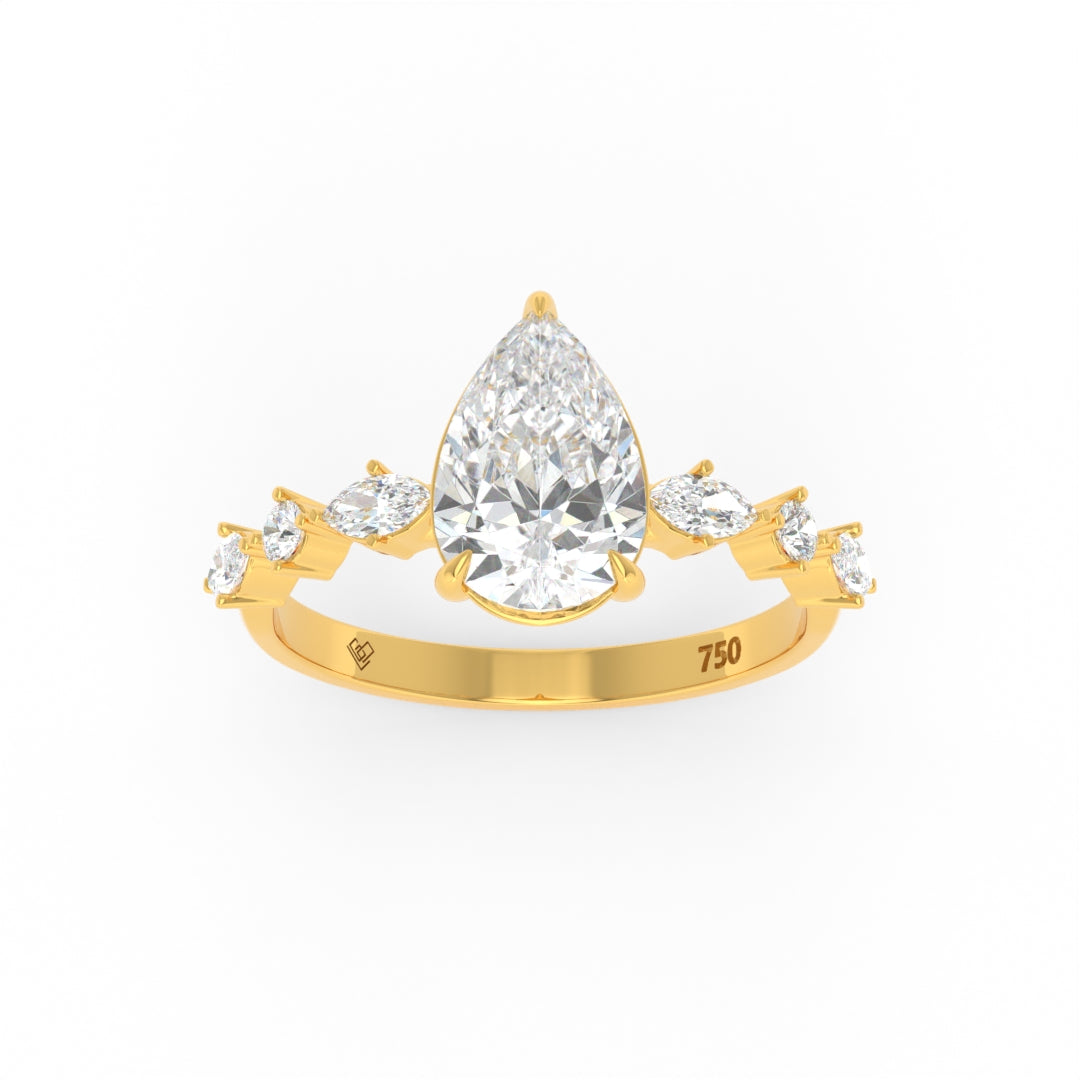 Elizabeth Pear Cut Diamond engagement ring with marquise and round cut diamonds on 18k gold band