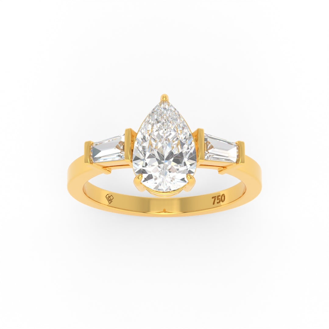 Mary pear cut diamond engagement ring with tapering baguette side diamonds set in 18k gold band