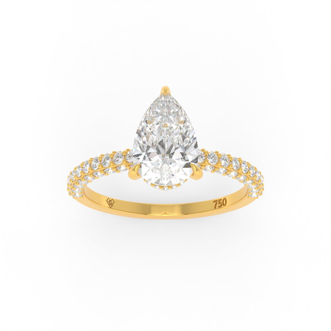 Pear cut diamond engagement ring with hidden halo and 3D pave diamond band in 18k gold