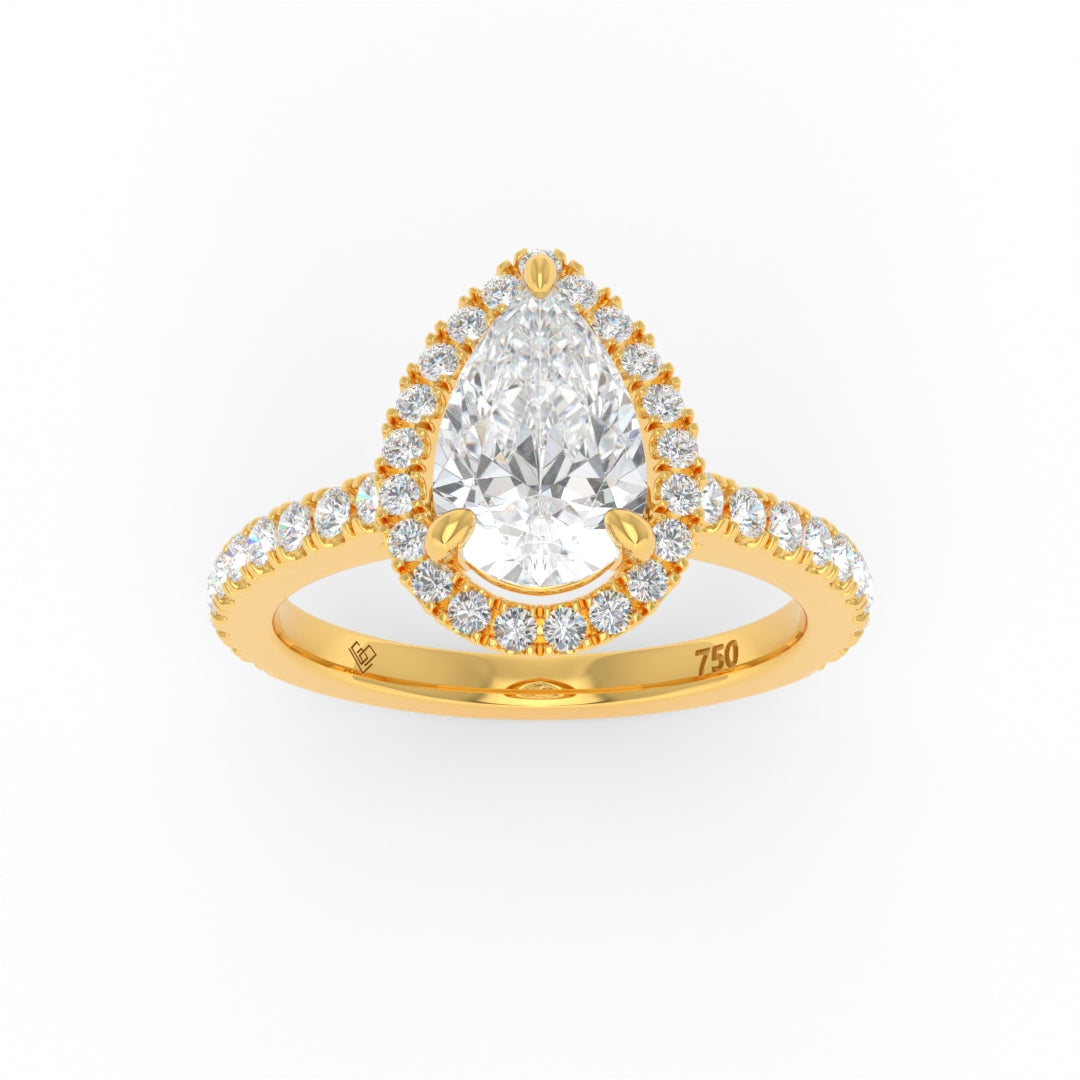 Yellow gold Bella Pear Cut Diamond engagement ring with diamond halo and diamond band