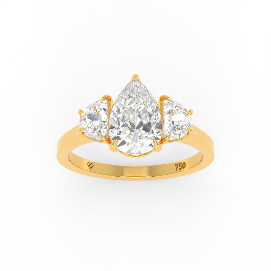 Kamala pear cut diamond engagement ring with half moon cut side diamonds set in 18k gold band