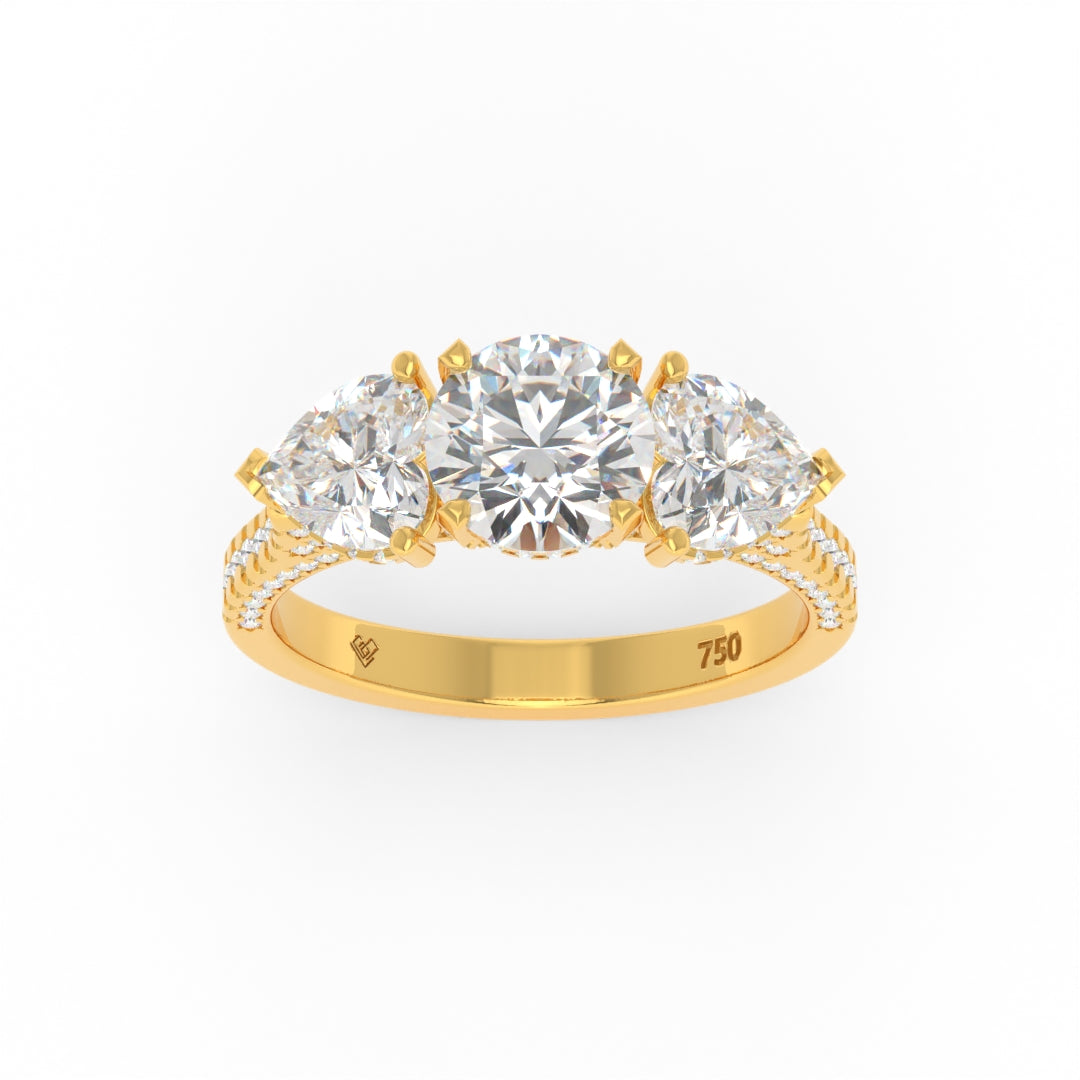 Victoria round brilliant cut diamond engagement ring with heart-shaped side diamonds and 18k gold 3D pave band