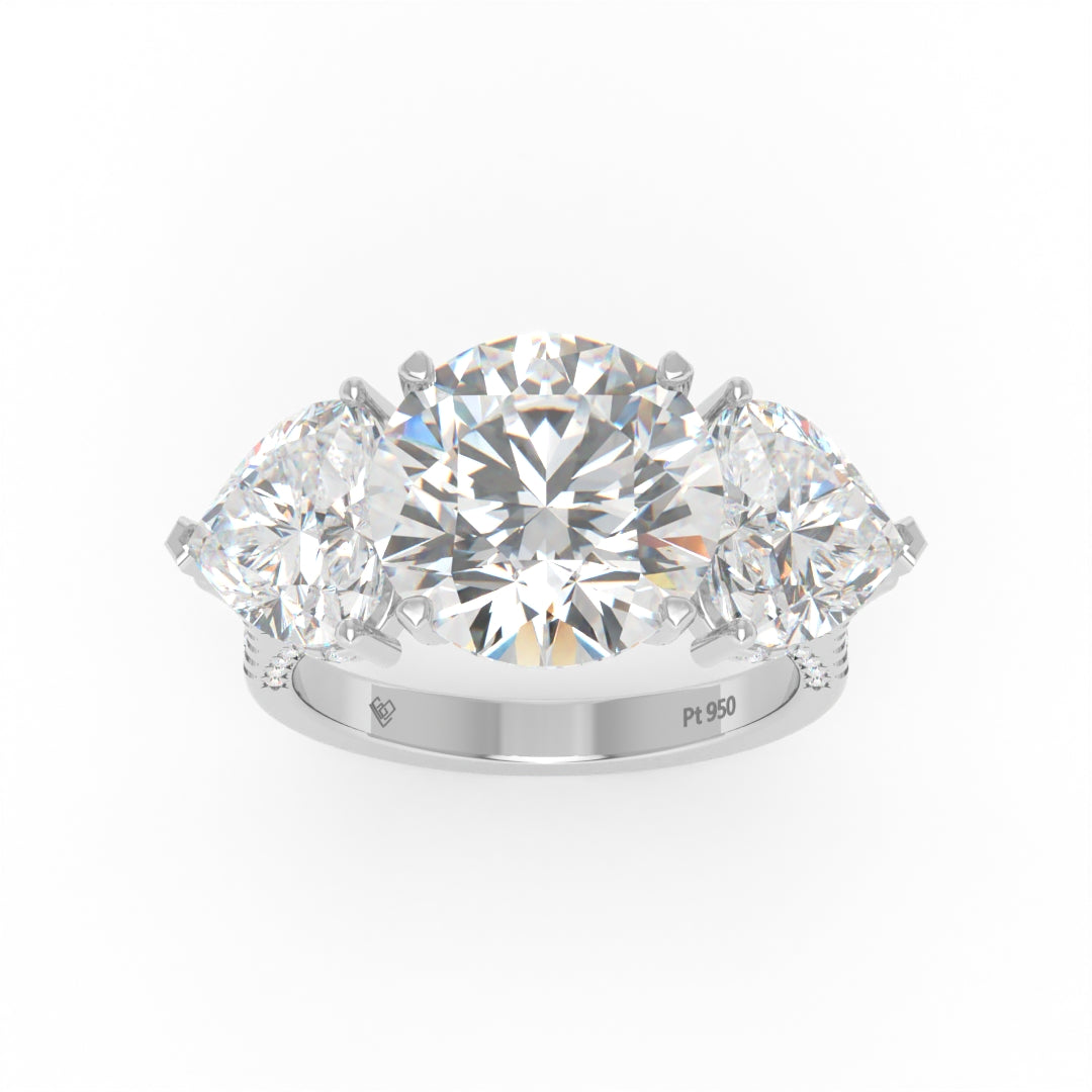 Victoria Round Brilliant Cut Diamond Engagement Ring with Heart Cut Side Diamonds and 3D Diamond Band