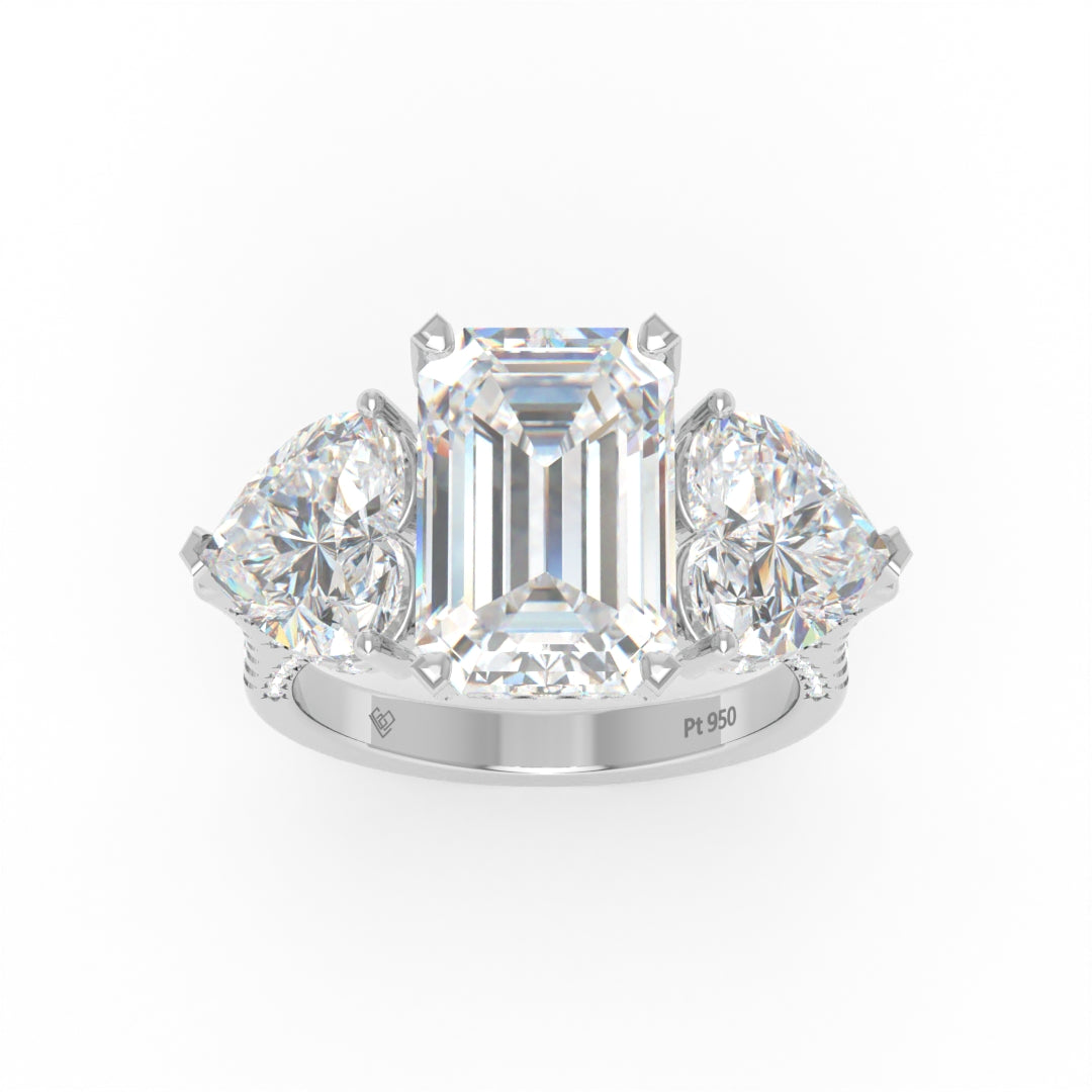 Victoria Emerald Cut Diamond Engagement Ring with Heart Cut Side Diamonds and 3D Diamond Band