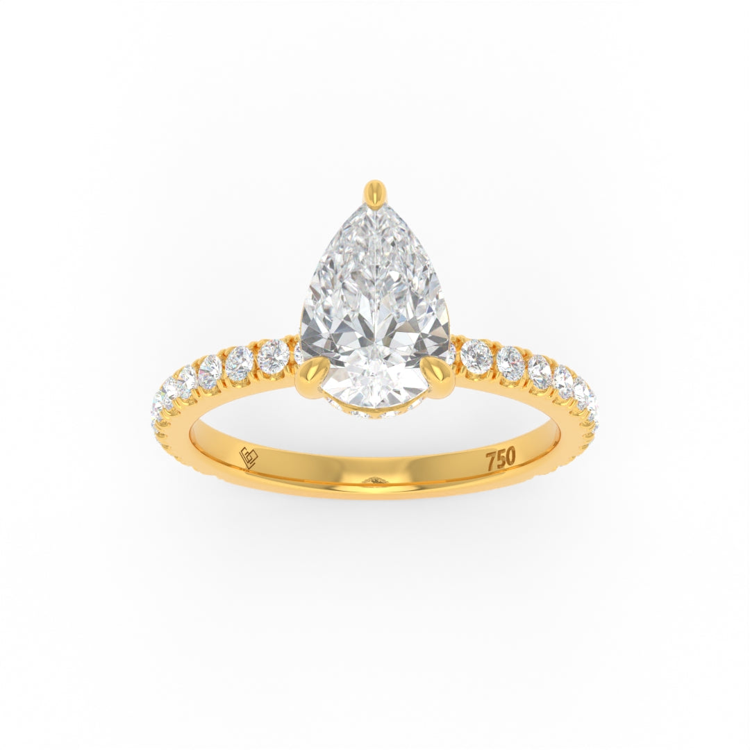 Chloé pear cut diamond engagement ring with diamond hidden halo and diamond band in 18k gold