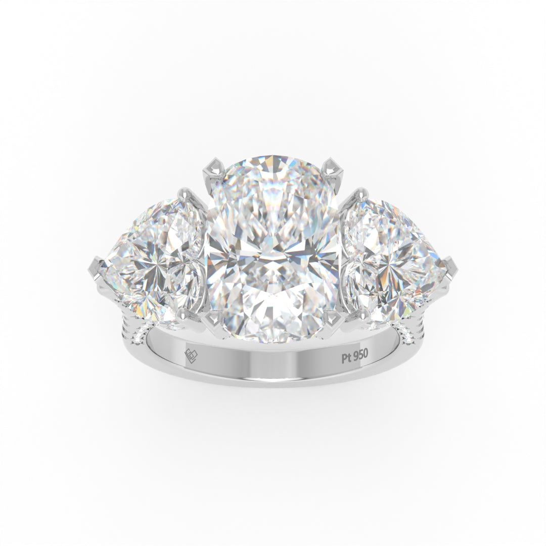 Victoria Cushion Cut Diamond Engagement Ring with Heart Cut Side Diamonds and 3D Diamond Band