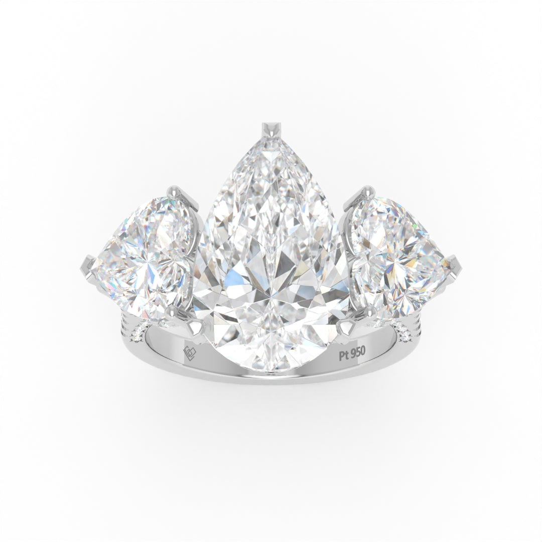 Victoria Pear Cut Diamond Engagement Ring with Heart Cut Side Diamonds and 3D Diamond Band