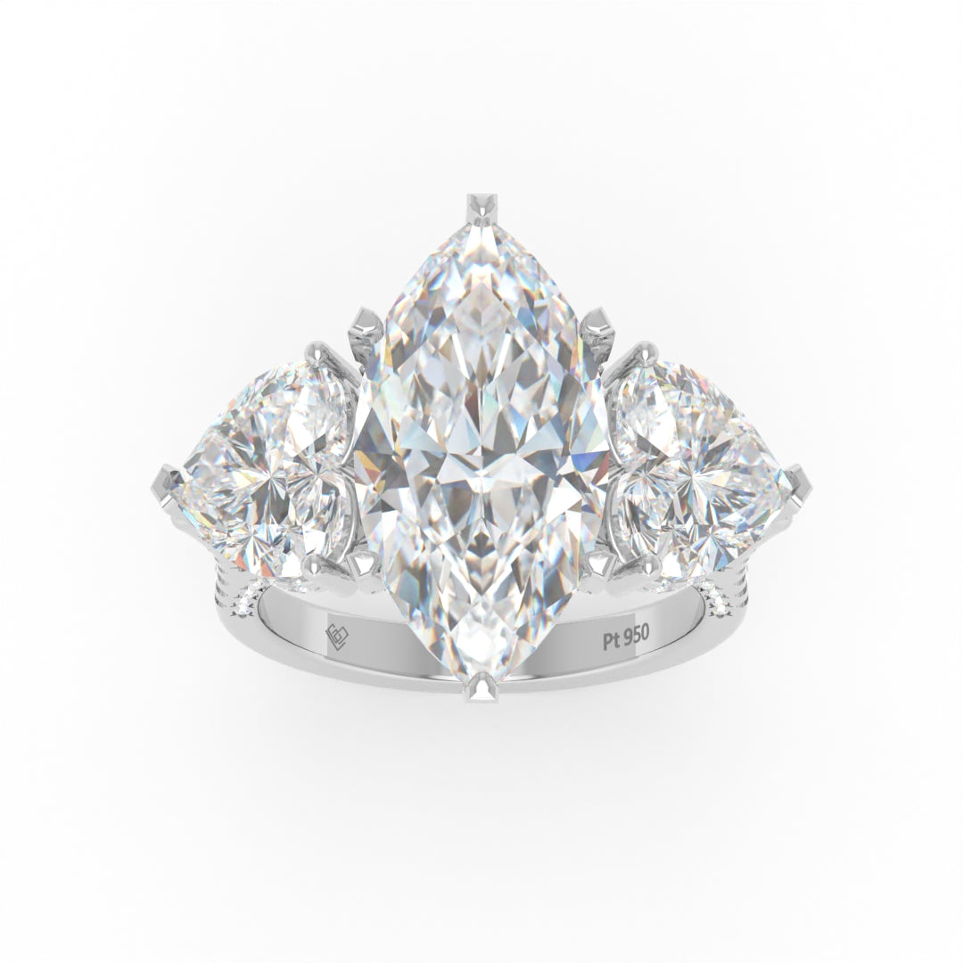 Victoria Marquise Cut Diamond Engagement Ring with Heart Cut Side Diamonds and 3D Diamond Band
