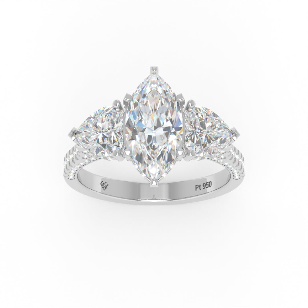 Victoria Marquise Cut Diamond Engagement Ring with Heart Cut Side Diamonds and 3D Diamond Band