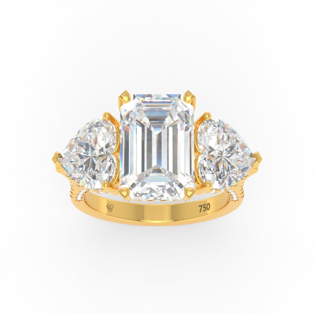 Victoria Emerald Cut Diamond Engagement Ring with Heart Cut Side Diamonds and 3D Diamond Band