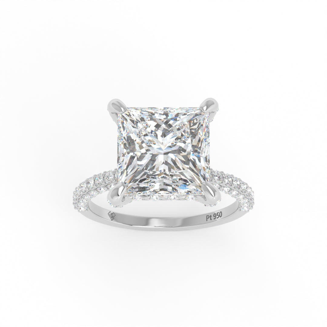 Bague de fiançailles Mia en diamant taille princesse avec halo de diamants cachés et anneau en diamant 3D