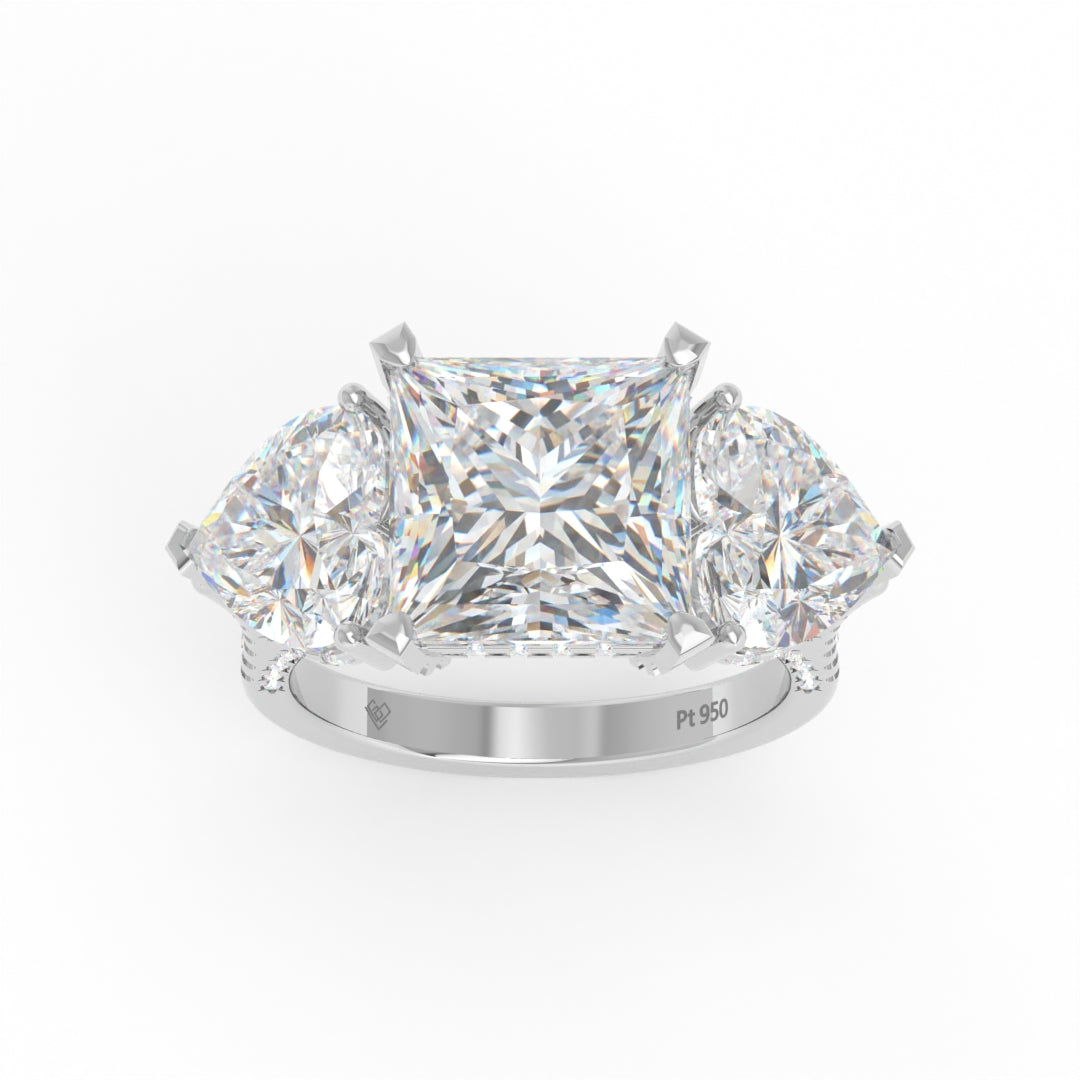 Victoria Princess Cut Diamond Engagement Ring with Heart Cut Side Diamonds and 3D Diamond Band