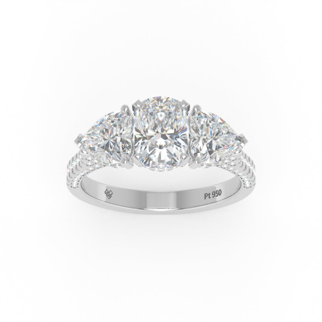 Victoria Cushion Cut Diamond Engagement Ring with Heart Cut Side Diamonds and 3D Diamond Band