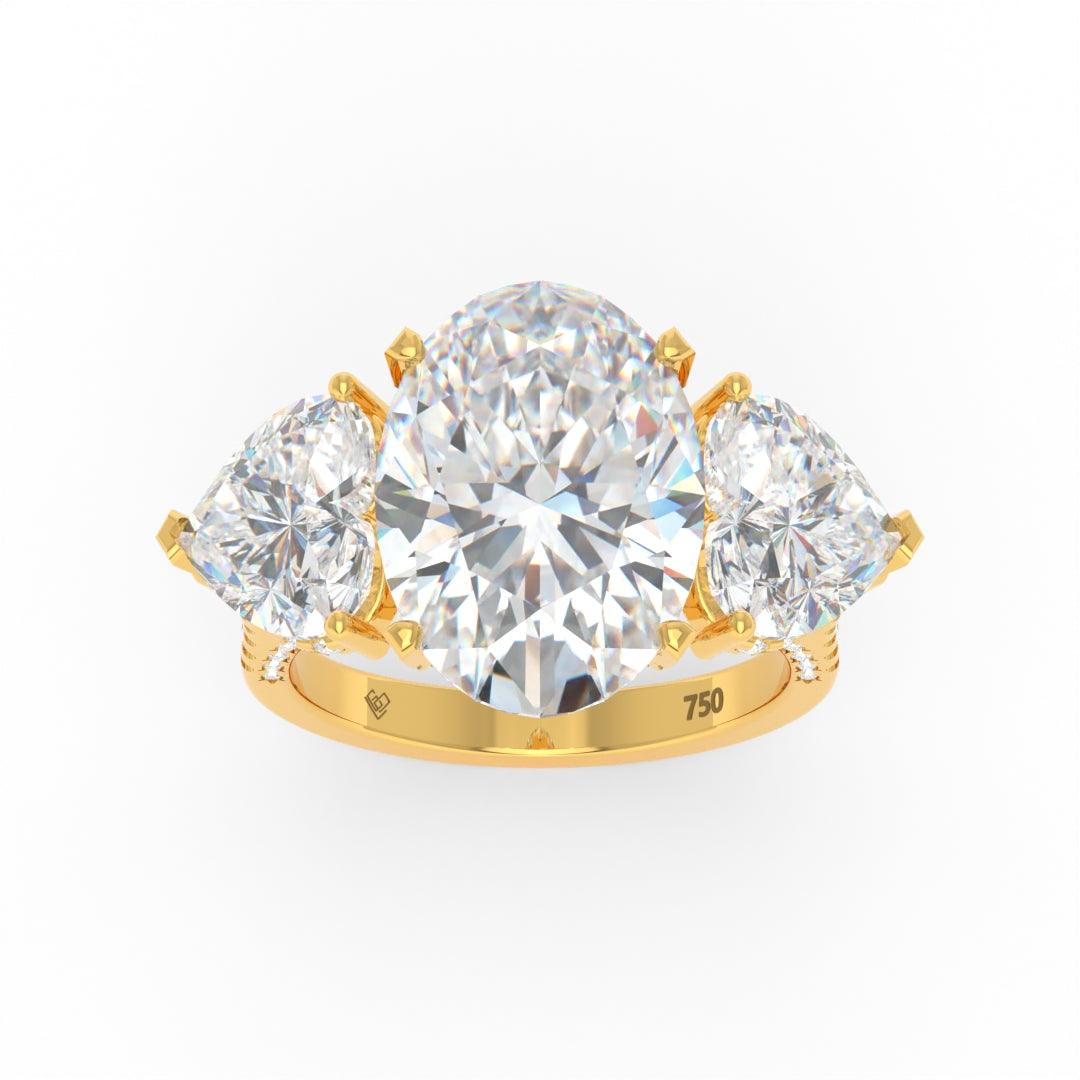 Victoria Oval Cut Diamond Engagement Ring with Heart Cut Side Diamonds and 3D Diamond Band