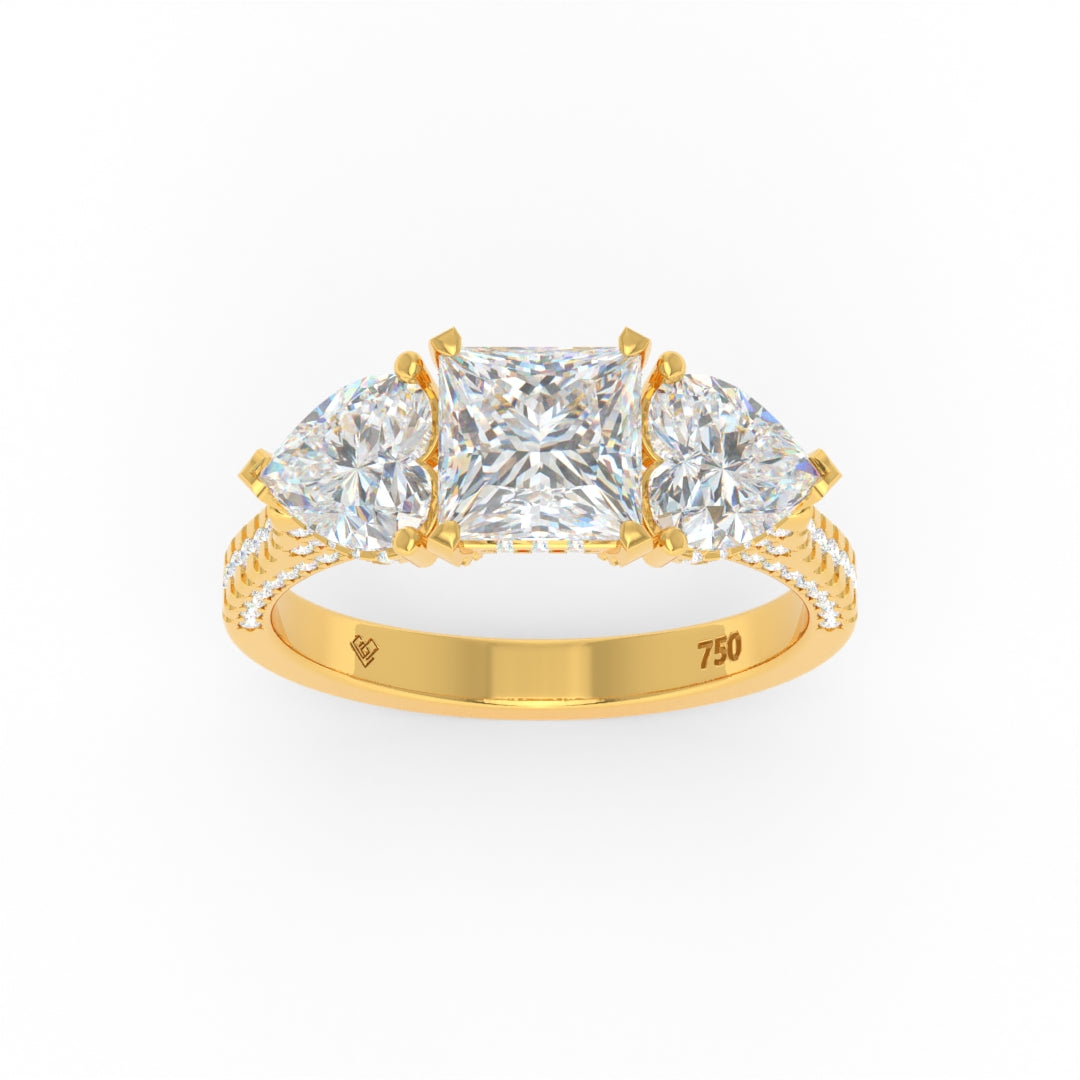 Victoria Princess Cut Diamond engagement ring with heart cut side diamonds and 3D pave diamond band in gold setting