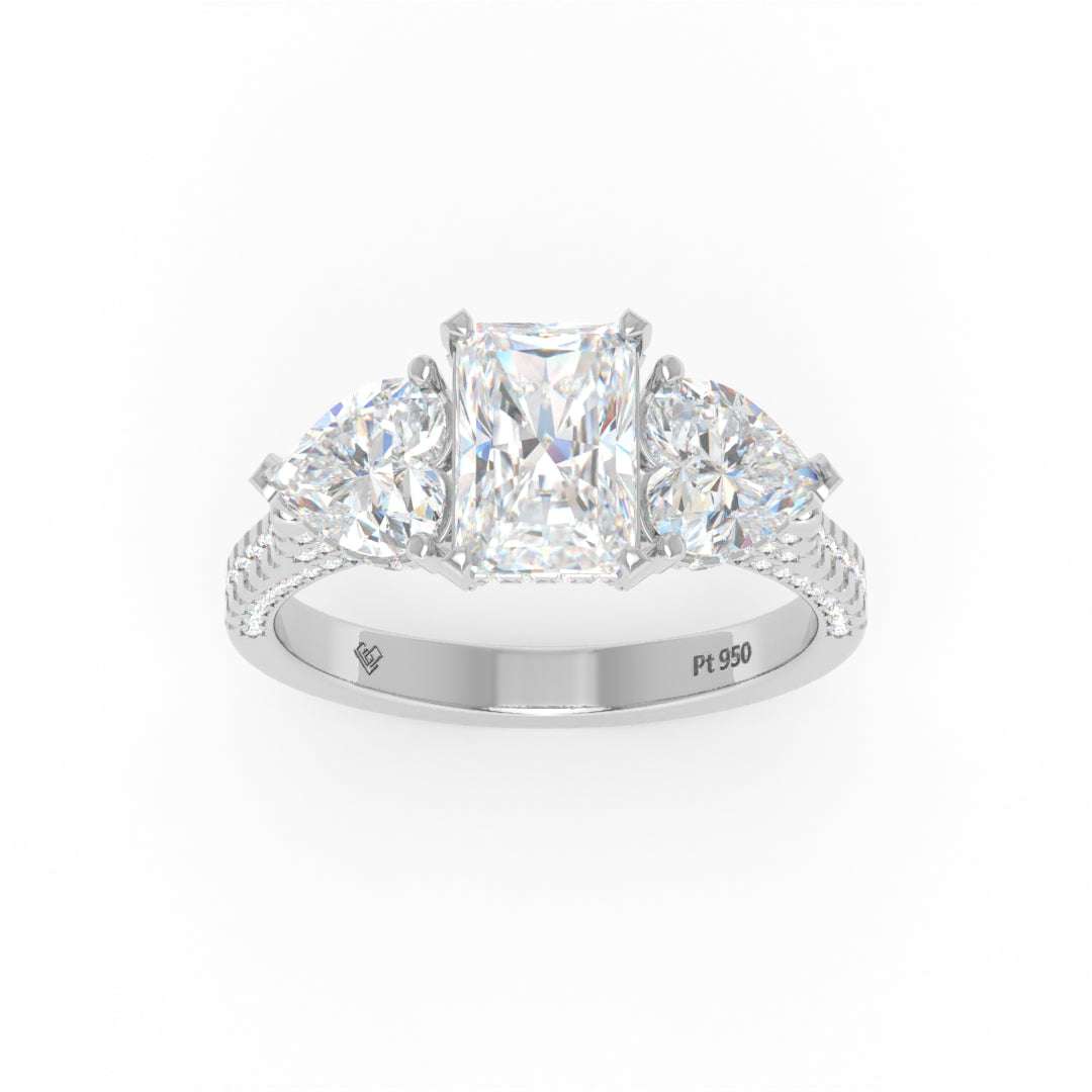 Victoria Radiant Cut Diamond Engagement Ring with Heart Cut Side Diamonds and 3D Diamond Band
