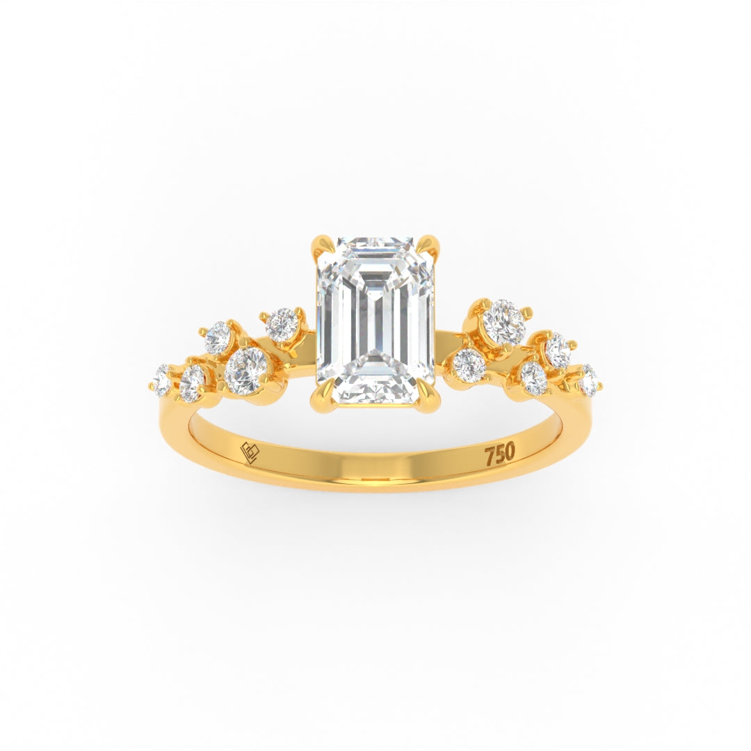 Layla Emerald Cut Diamond Engagement Ring with accent diamond band in 18k gold, featuring a central emerald cut lab-grown diamond and additional 0.30ct diamonds for extra brilliance.