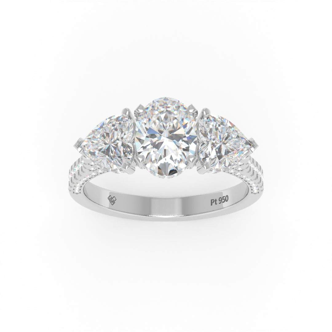 Victoria Oval Cut Diamond Engagement Ring with Heart Cut Side Diamonds and 3D Diamond Band