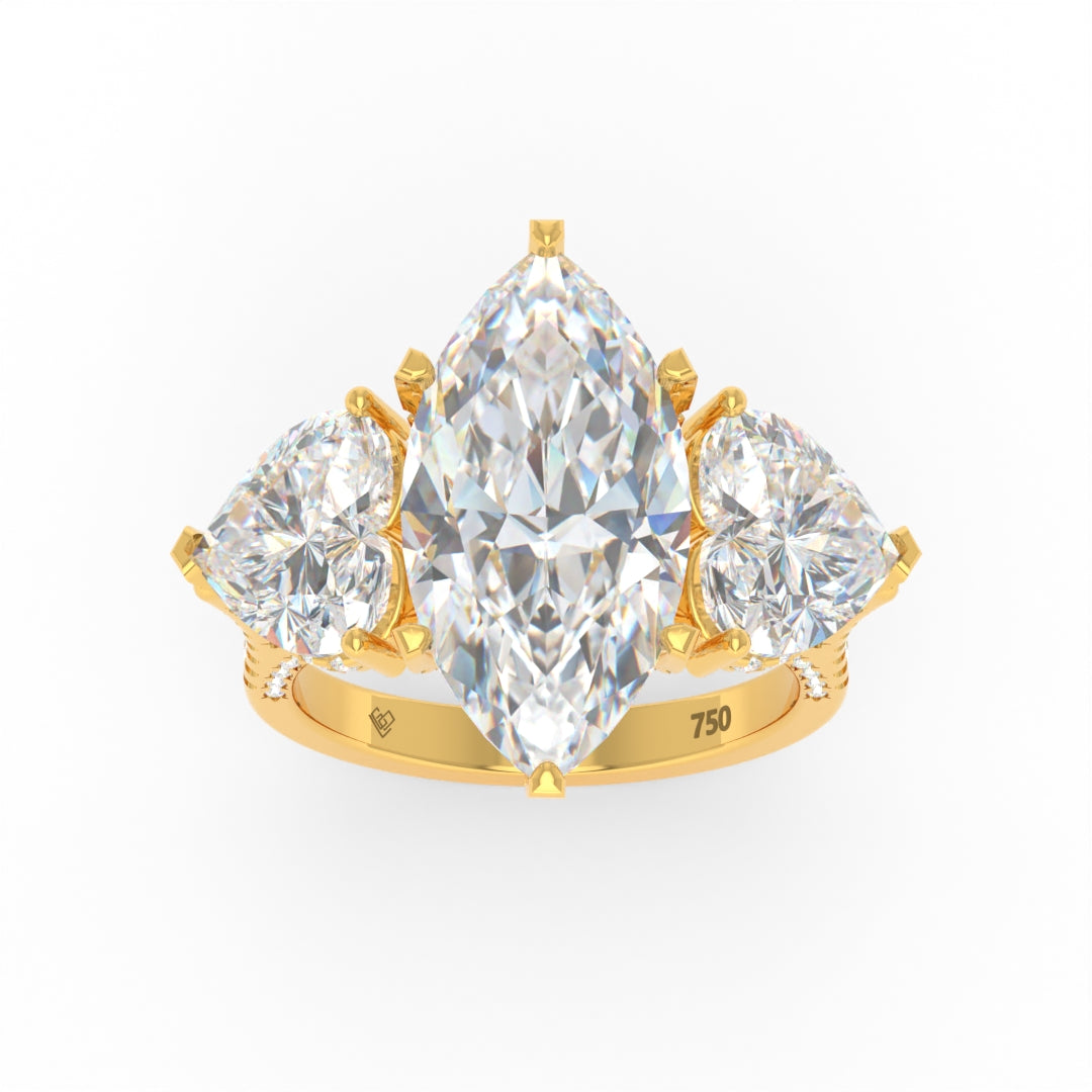 Victoria Marquise Cut Diamond Engagement Ring with Heart Cut Side Diamonds and 3D Diamond Band