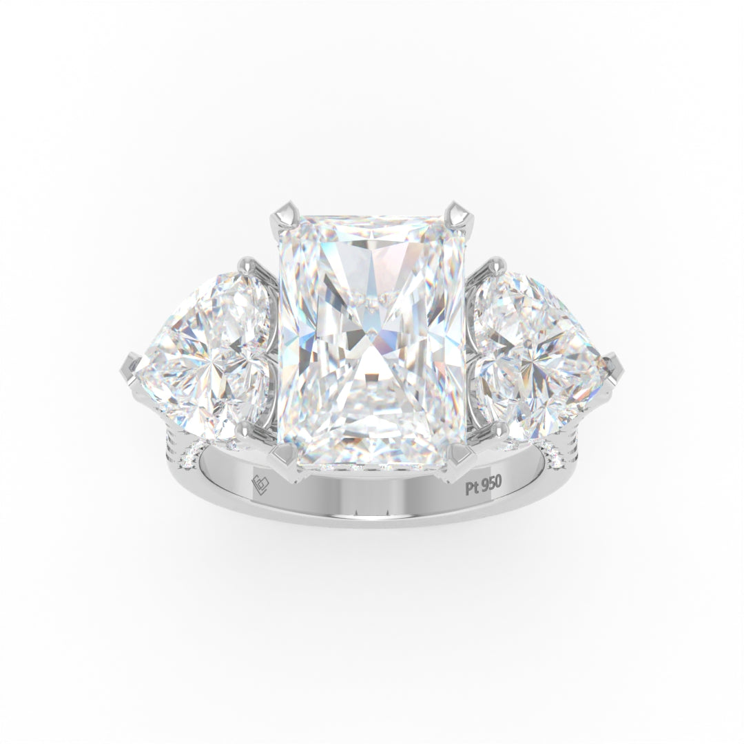 Victoria Radiant Cut Diamond Engagement Ring with Heart Cut Side Diamonds and 3D Diamond Band