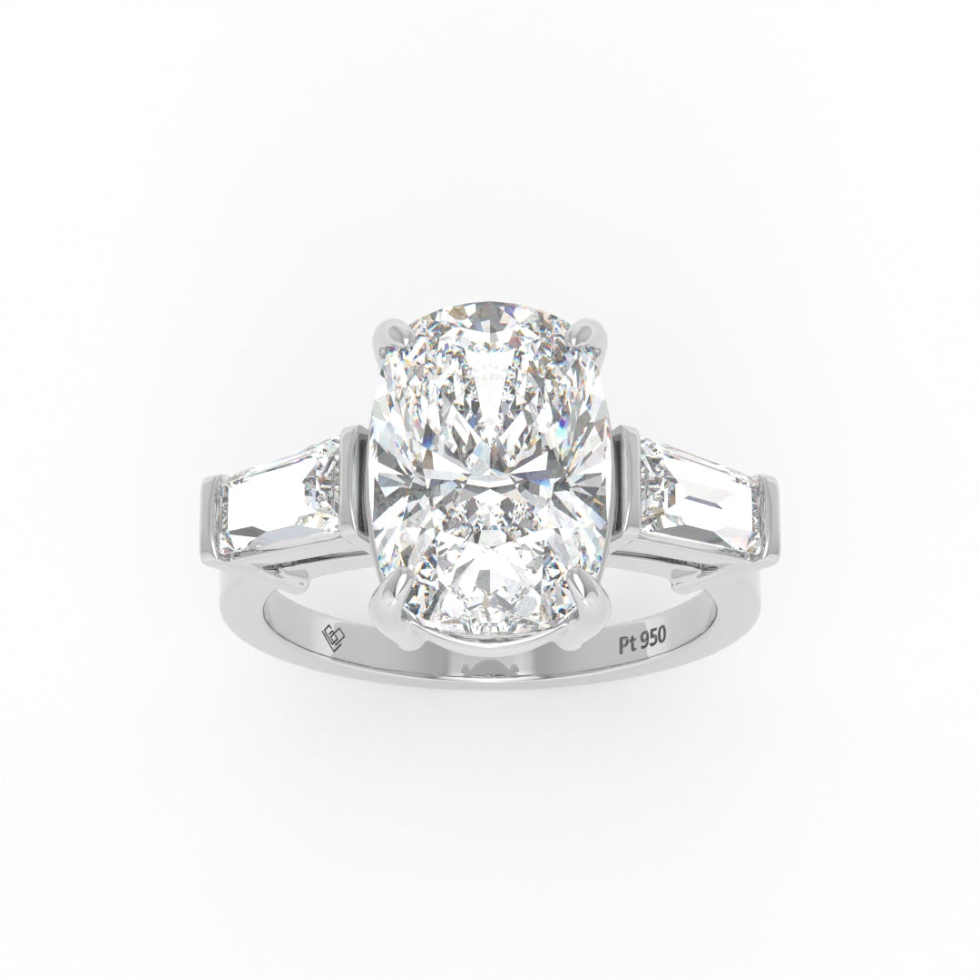 Mary Cushion Cut Diamond Engagement Ring with Tapering Baguette Cut Side Diamonds
