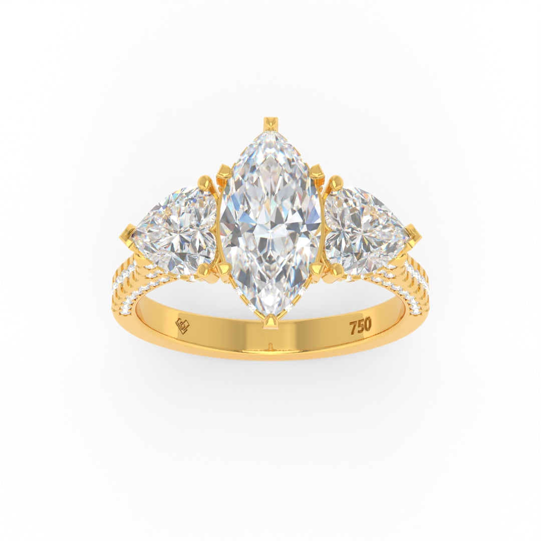 Victoria Marquise Cut diamond engagement ring with heart cut side diamonds and 3D pave diamond band in gold
