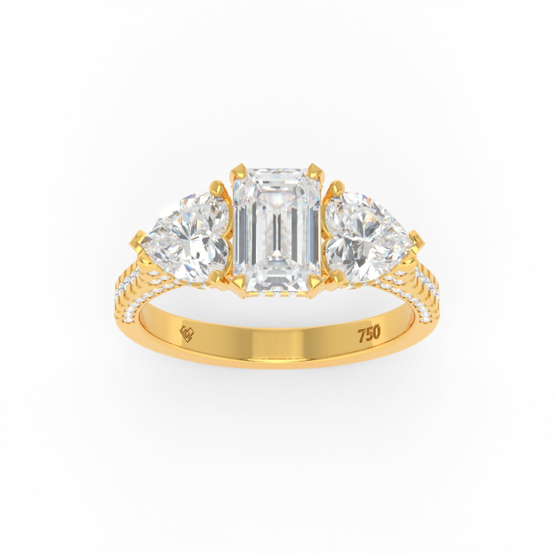 Victoria Emerald Cut Diamond engagement ring with heart cut side diamonds and 3D pave diamond band in 18k gold