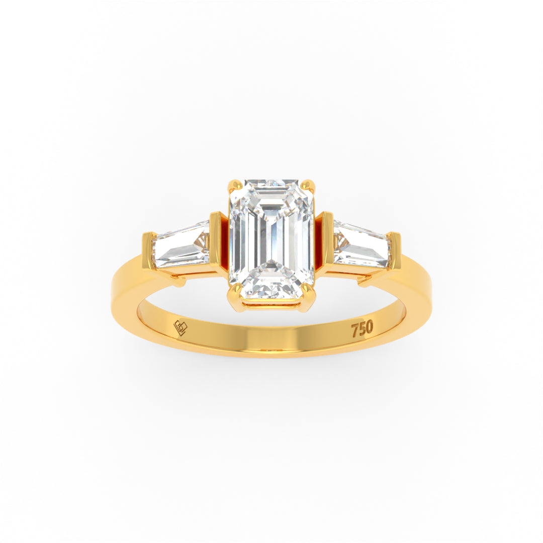 Mary Emerald Cut Diamond engagement ring with tapering baguette side diamonds set in gold band