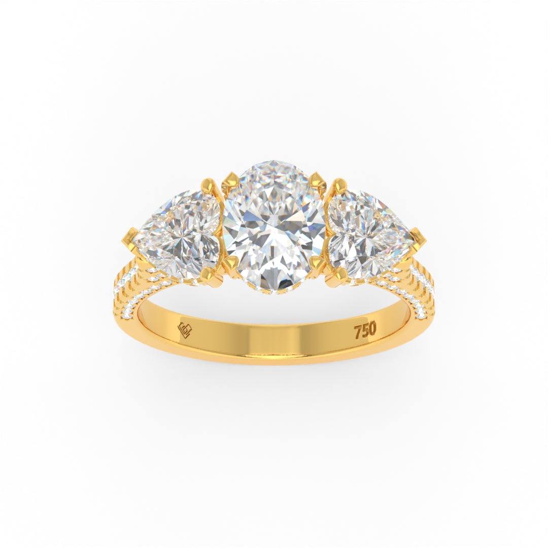 Victoria Oval Cut Diamond engagement ring with heart-shaped side diamonds and 3D pave diamond band in yellow gold