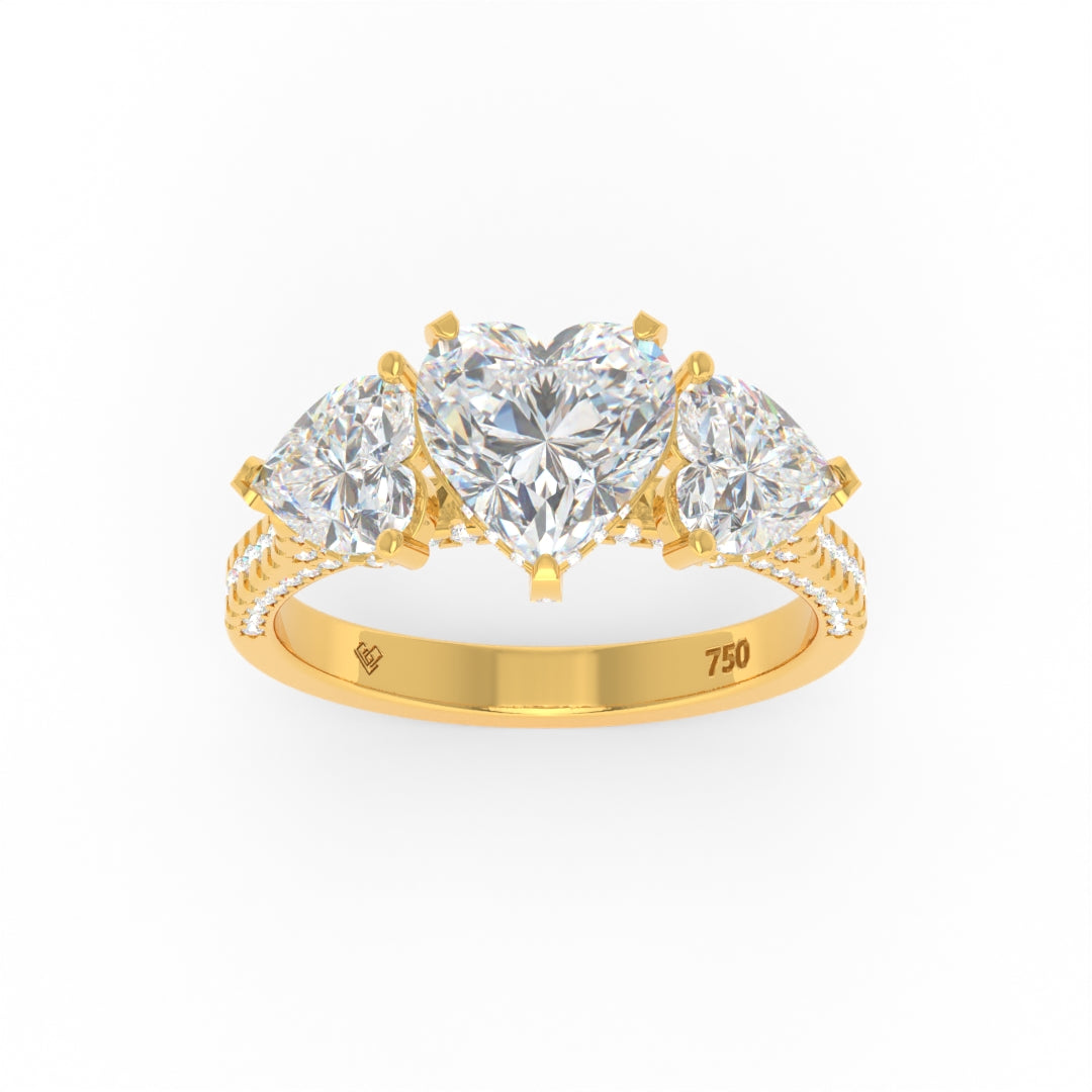 Victoria Heart Cut Diamond engagement ring with heart shaped side diamonds and 3D pave band in yellow gold