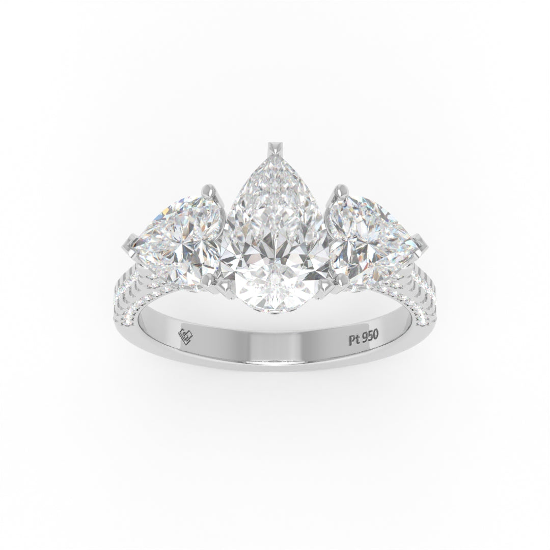 Victoria Pear Cut Diamond Engagement Ring with Heart Cut Side Diamonds and 3D Diamond Band