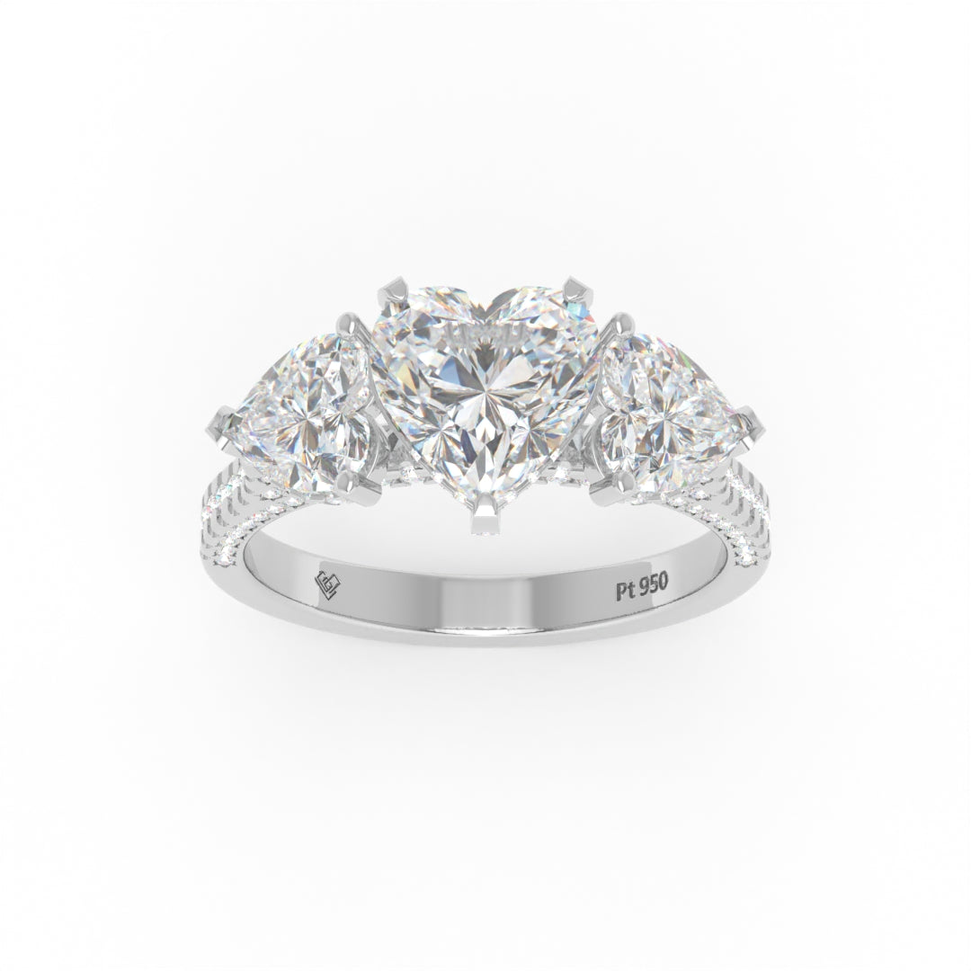 Victoria Heart Cut Diamond Engagement Ring with Heart Cut Side Diamonds and 3D Diamond Band