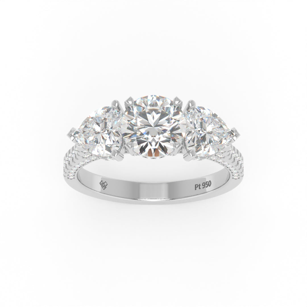 Victoria Round Brilliant Cut Diamond Engagement Ring with Heart Cut Side Diamonds and 3D Diamond Band