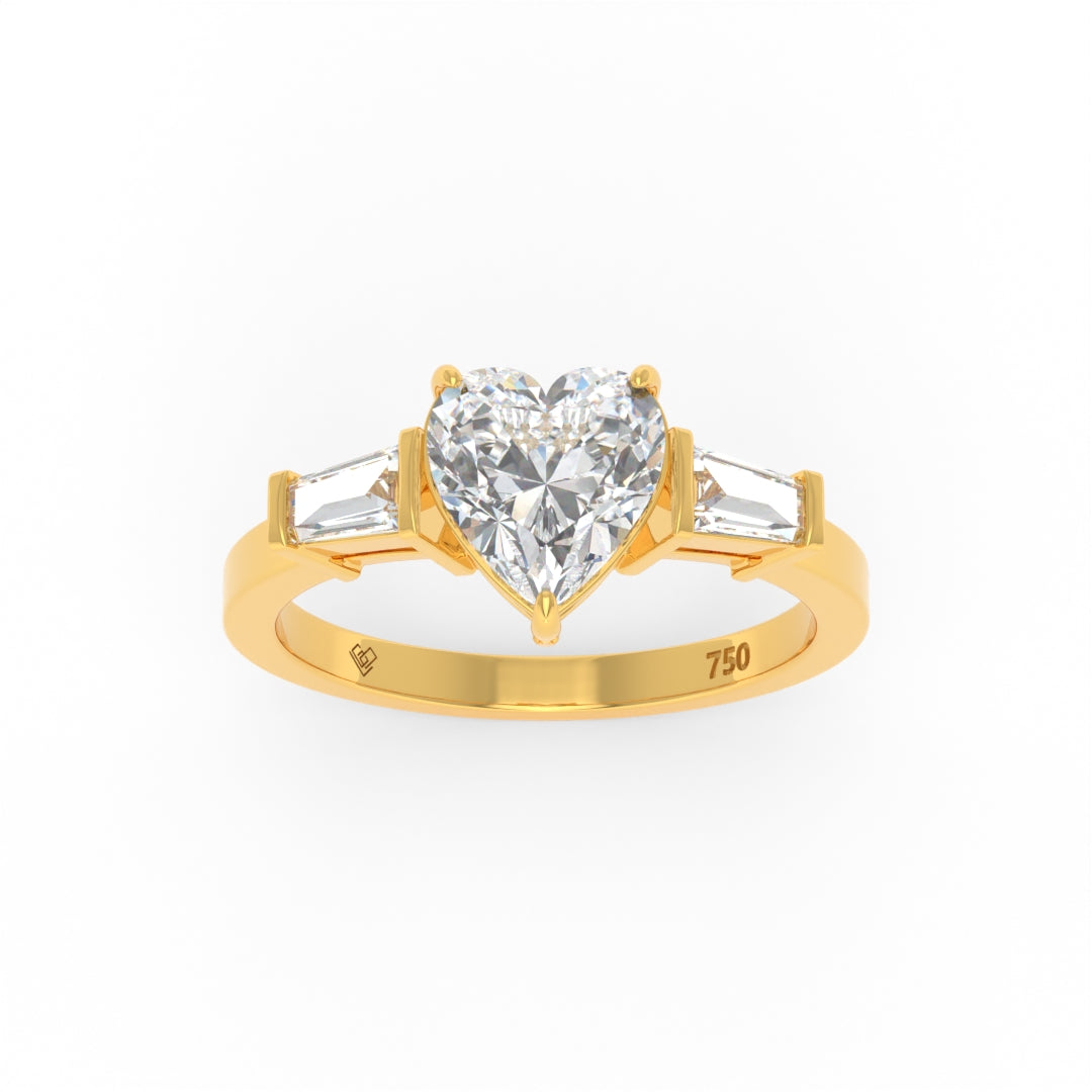 Mary Heart Cut Diamond engagement ring with tapering baguette side diamonds set in 18k gold band