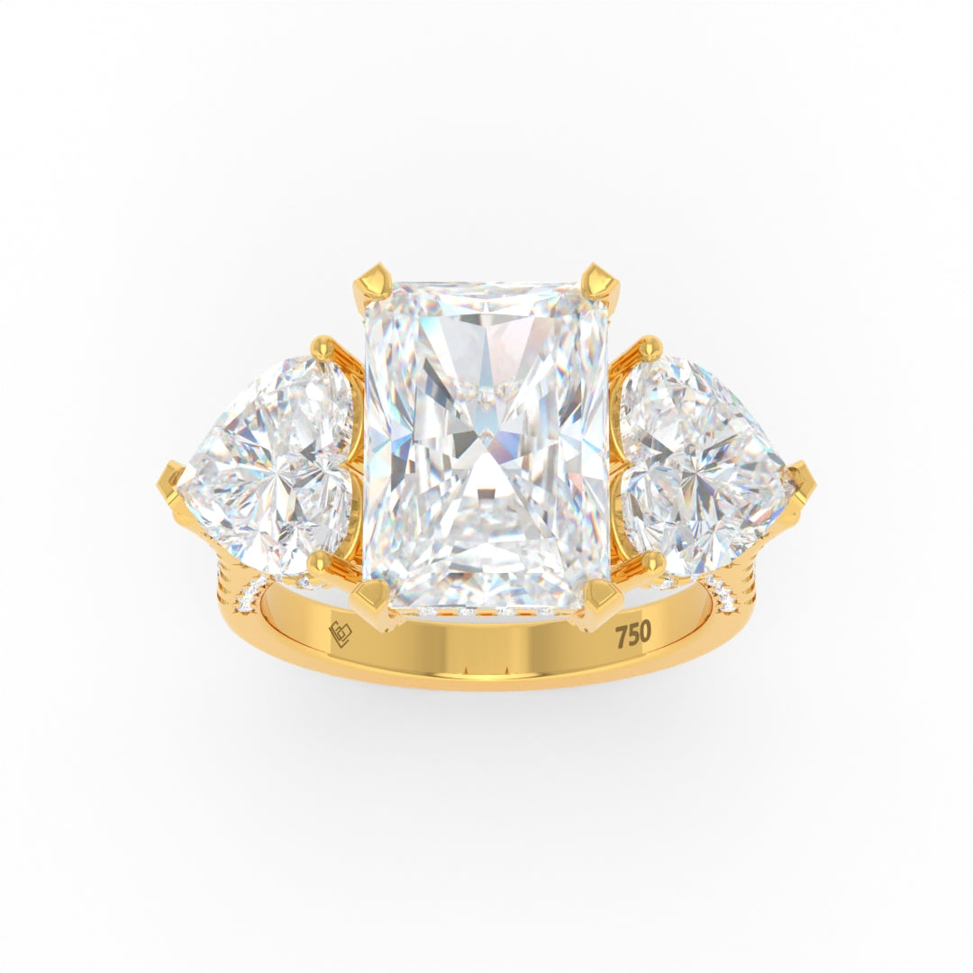 Victoria Radiant Cut Diamond Engagement Ring with Heart Cut Side Diamonds and 3D Diamond Band