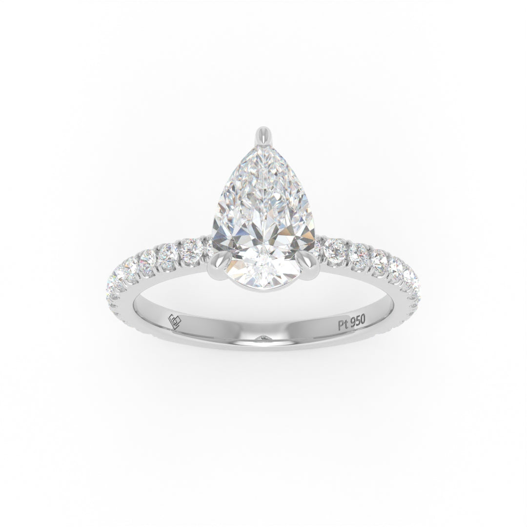 Abigail pear engagement ring with pear-cut solitaire diamond and diamond band in platinum platinum 4 claw mount