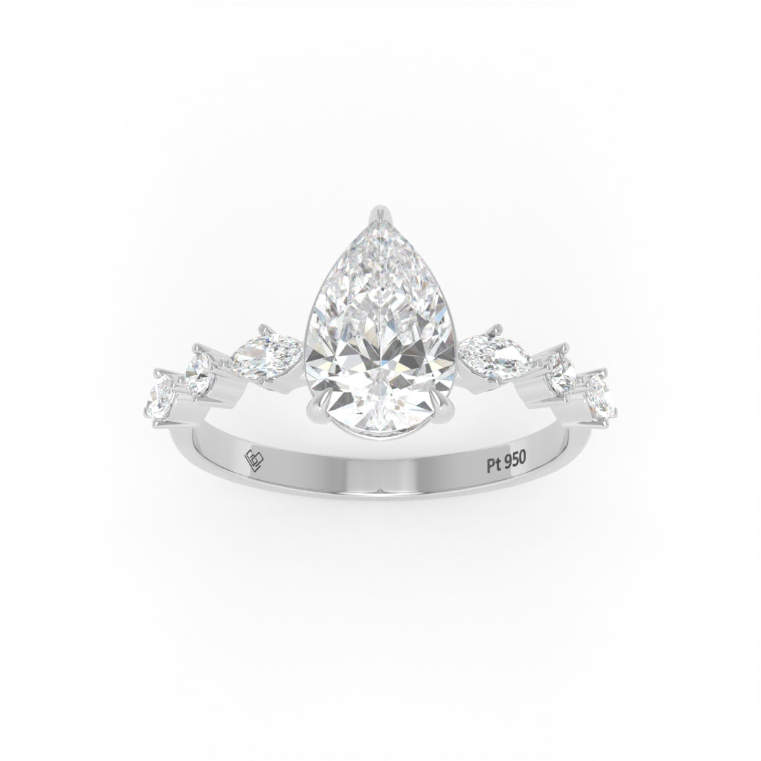 Elizabeth Pear Cut Diamond Engagement Ring With A Marquise And Round Cut Diamond Band