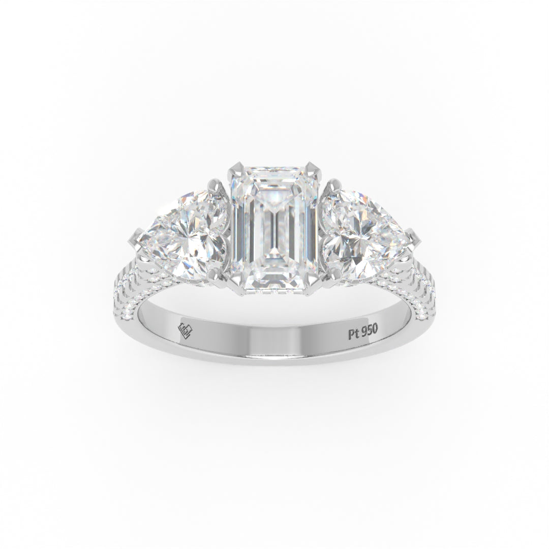 Victoria Emerald Cut Diamond Engagement Ring with Heart Cut Side Diamonds and 3D Diamond Band