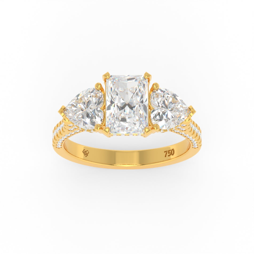 Victoria radiant cut diamond engagement ring with heart cut side diamonds and 3D pave diamond band in 18k gold