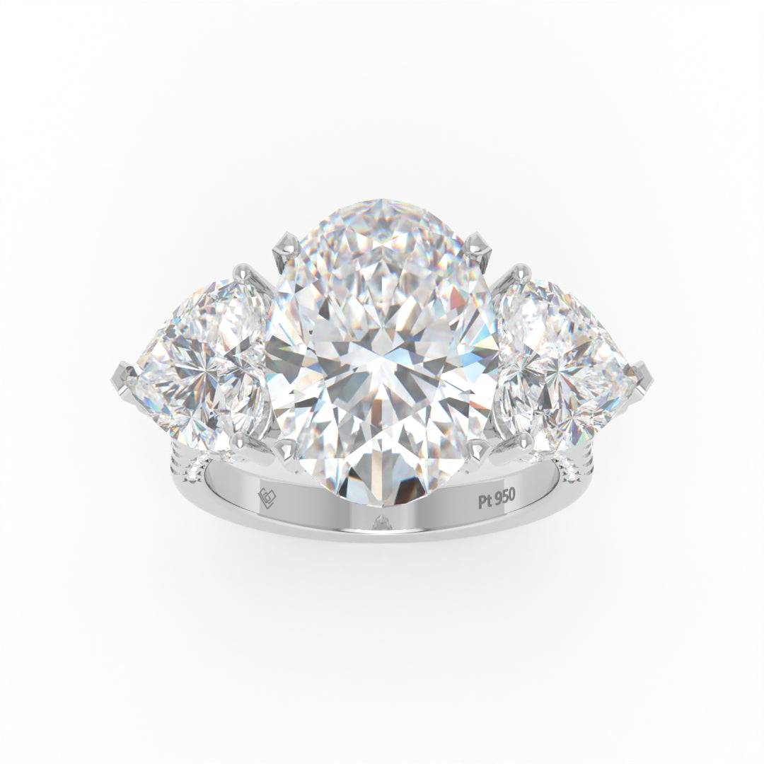 Victoria Oval Cut Diamond Engagement Ring with Heart Cut Side Diamonds and 3D Diamond Band