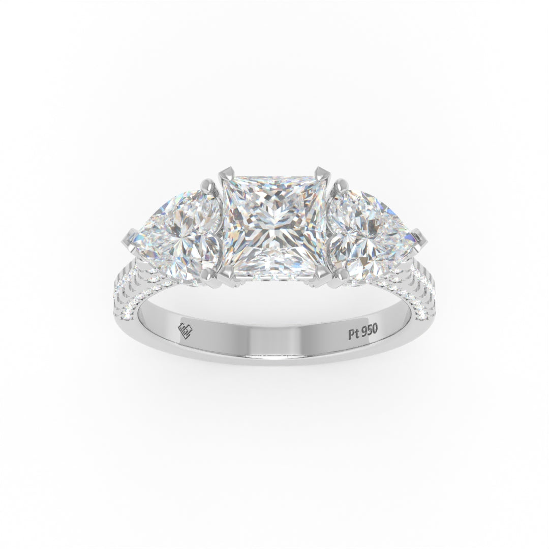 Victoria Princess Cut Diamond Engagement Ring with Heart Cut Side Diamonds and 3D Diamond Band