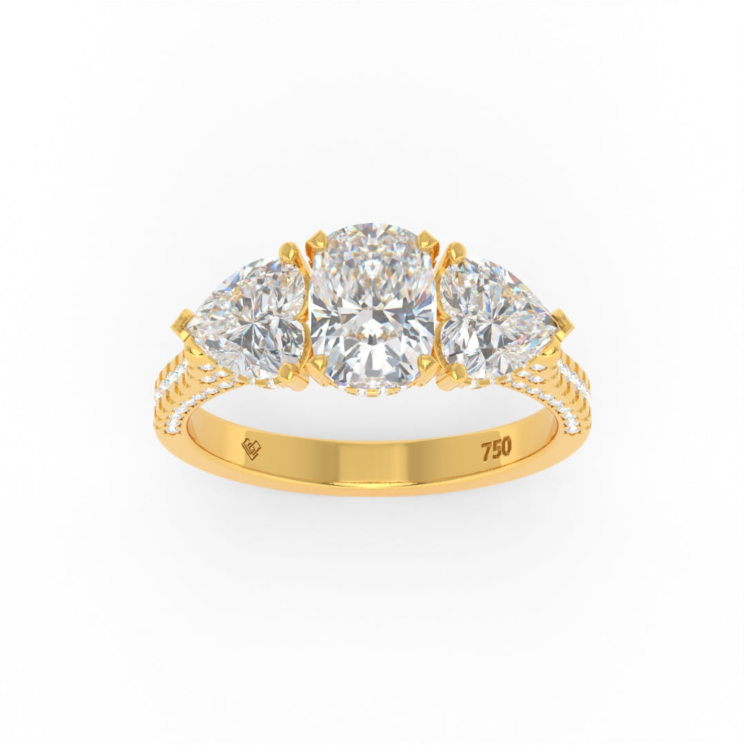 Victoria Cushion Cut Diamond engagement ring with heart-shaped side diamonds and 3D pave diamond band in yellow gold