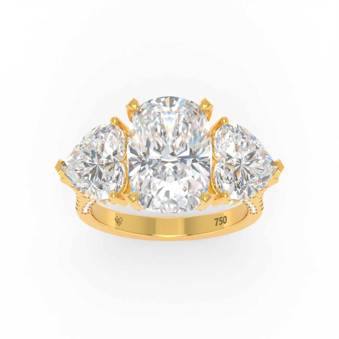 Victoria Cushion Cut Diamond Engagement Ring with Heart Cut Side Diamonds and 3D Diamond Band