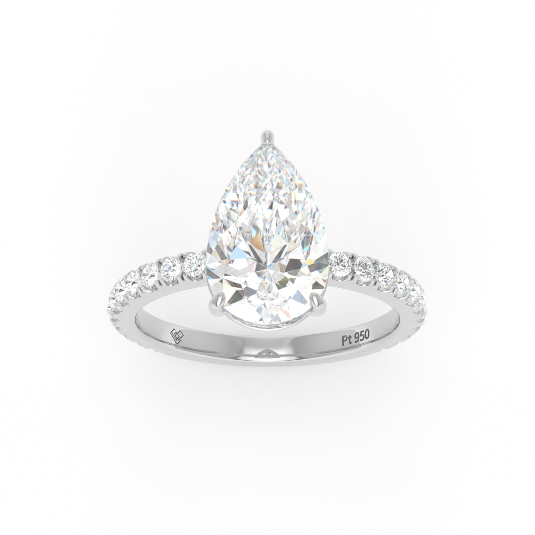 Abigail pear engagement ring with pear-cut solitaire diamond and diamond-studded platinum band