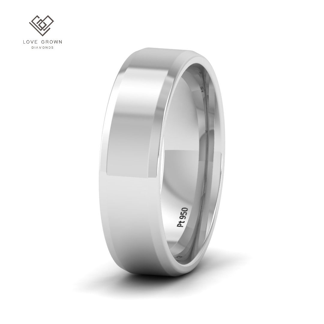Men's beveled edge wedding band, 6mm width, Love Grown Diamonds, modern design.