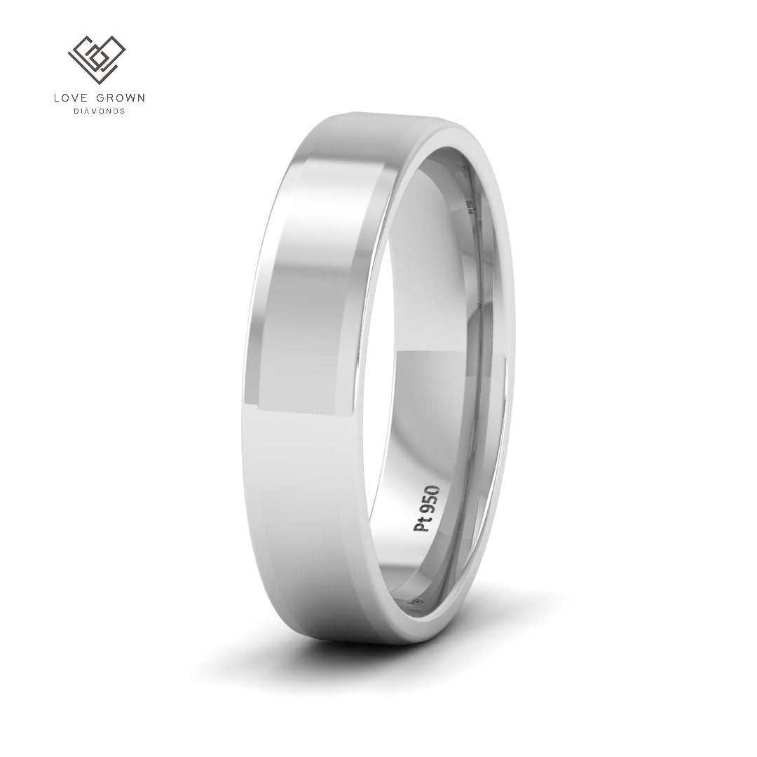 Men's beveled edge platinum wedding band by Love Grown Diamonds, 5mm width, modern and sophisticated design.