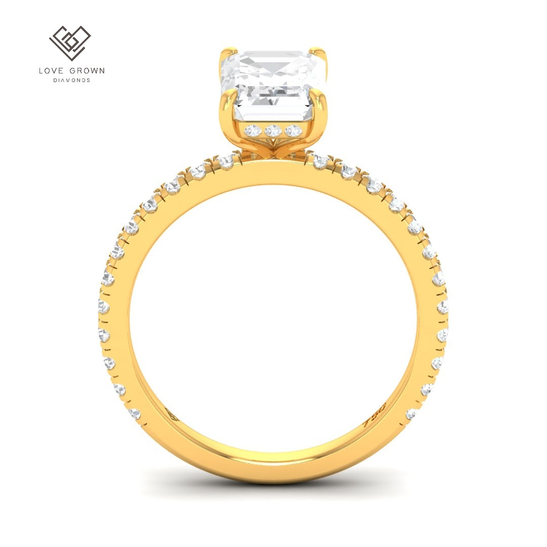 Chloé Emerald Cut Diamond Engagement Ring with Diamond Hidden Halo and Diamond Band