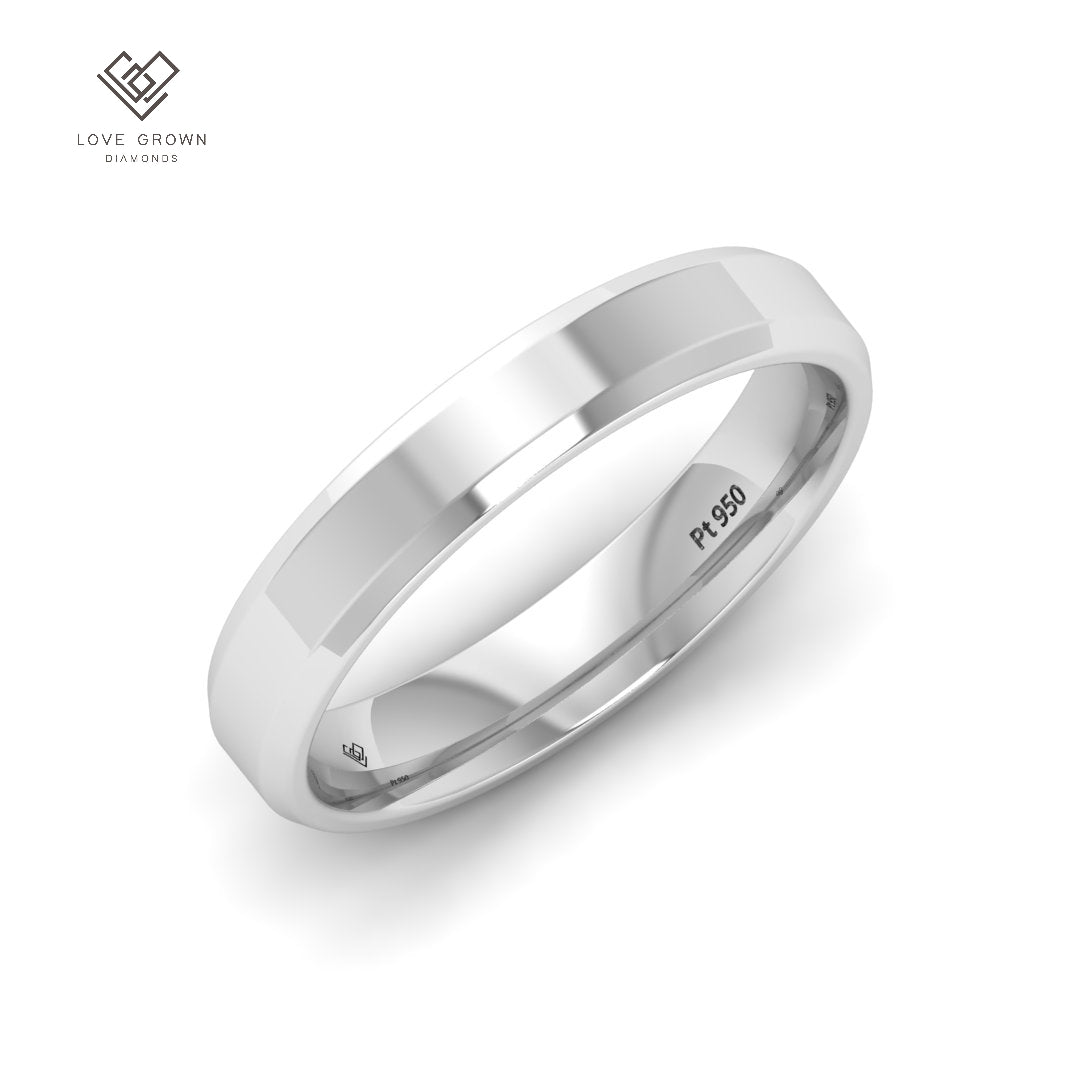 Men's platinum wedding band with beveled edge, 4mm width, modern design.