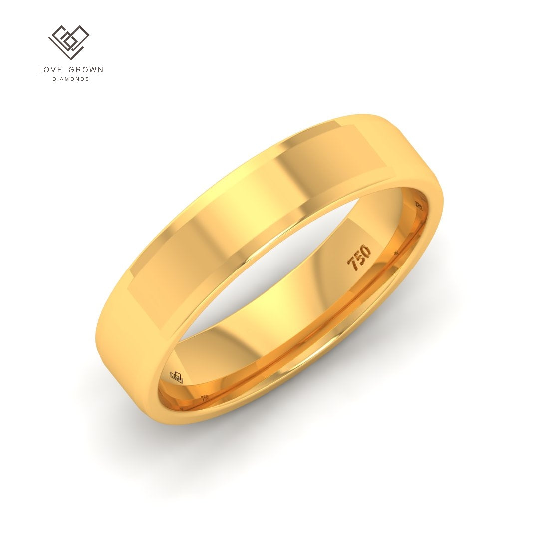Beveled edge 18k Yellow Gold men's wedding band with contemporary design, 5mm width, Love Grown Diamonds.